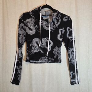 Black Cropped Hoodie All Over White Chinese Dragon Print Medium Streetwear